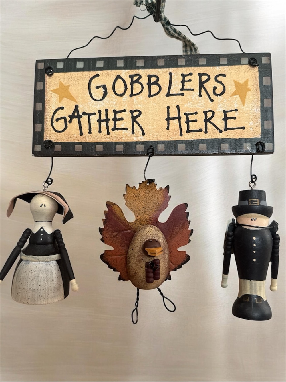Gobblers Gather Here Fall Wall Hanging - Turkey & Pilgrim Figurines